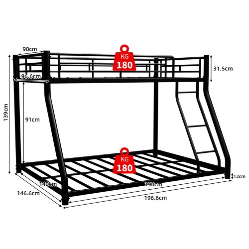 Lit Superposé 90x190 Cm Et 140x190 Cm Avec Échelle, En Métal, Noir
