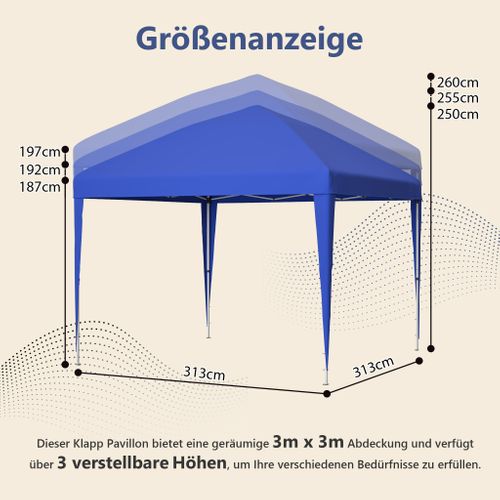Tonnelle Pliante Pop-up 3x3 M Bleue Réglable, Toile Imperméable Anti-uv, Avec Sacs De Lestage