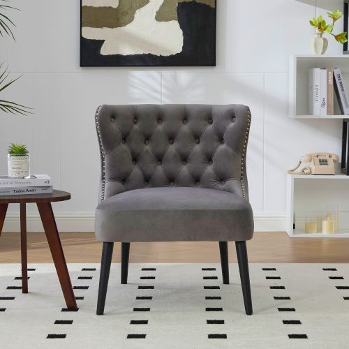 Fauteuil Sans Accoudoirs En Velours, Capitonnage Et Clous Décoratifs, Gris
