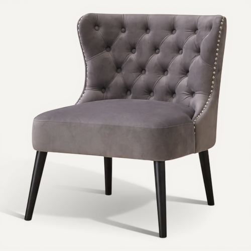 Fauteuil Sans Accoudoirs En Velours, Capitonnage Et Clous Décoratifs, Gris