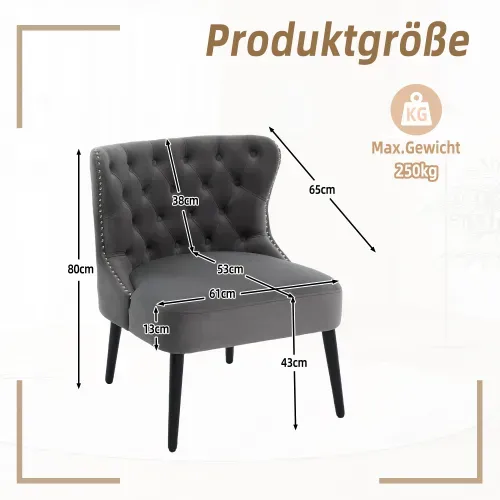 Fauteuil Sans Accoudoirs En Velours, Capitonnage Et Clous Décoratifs, Gris