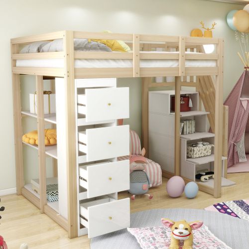 Lit Mezzanine 140x200 Cm, Rangement 4 Tiroirs Et Étagères, Avec Lattes, En Bois, Blanc Et Naturel
