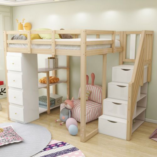 Lit Mezzanine 140x200 Cm, Rangement 4 Tiroirs Et Étagères, Avec Lattes, En Bois, Blanc Et Naturel