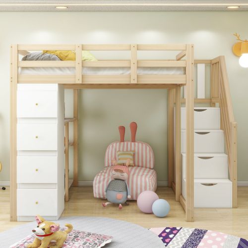 Lit Mezzanine 140x200 Cm, Rangement 4 Tiroirs Et Étagères, Avec Lattes, En Bois, Blanc Et Naturel