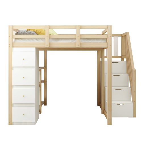 Lit Mezzanine 140x200 Cm, Rangement 4 Tiroirs Et Étagères, Avec Lattes, En Bois, Blanc Et Naturel