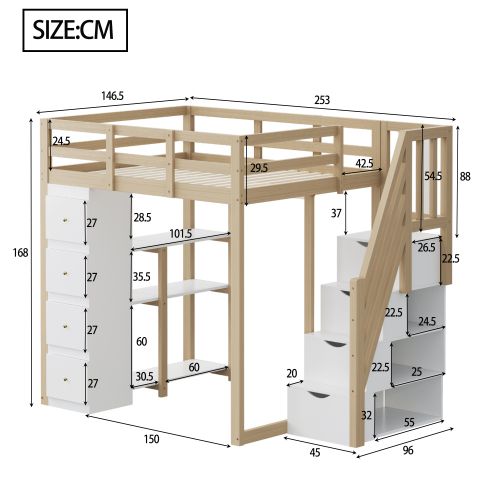 Lit Mezzanine 140x200 Cm, Rangement 4 Tiroirs Et Étagères, Avec Lattes, En Bois, Blanc Et Naturel