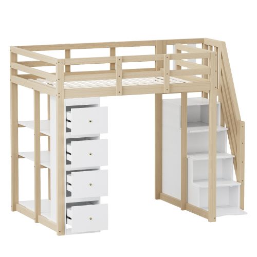 Lit Mezzanine 140x200 Cm, Rangement 4 Tiroirs Et Étagères, Avec Lattes, En Bois, Blanc Et Naturel