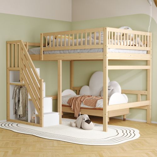 Lit Mezzanine 140x200 Cm, Avec Escalier De Rangement, En Bois, Naturel