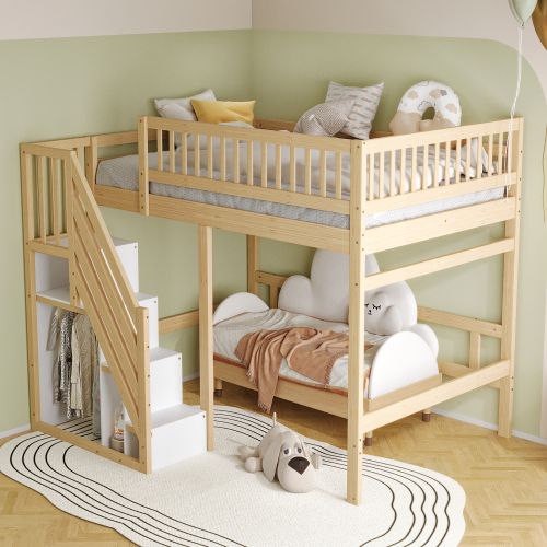 Lit Mezzanine 140x200 Cm, Avec Escalier De Rangement, En Bois, Naturel