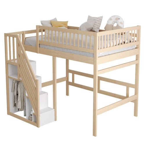 Lit Mezzanine 140x200 Cm, Avec Escalier De Rangement, En Bois, Naturel