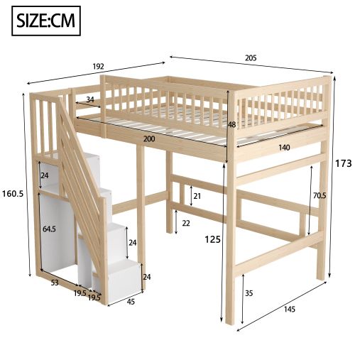 Lit Mezzanine 140x200 Cm, Avec Escalier De Rangement, En Bois, Naturel