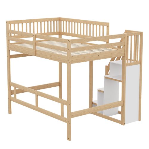 Lit Mezzanine 140x200 Cm, Avec Escalier De Rangement, En Bois, Naturel