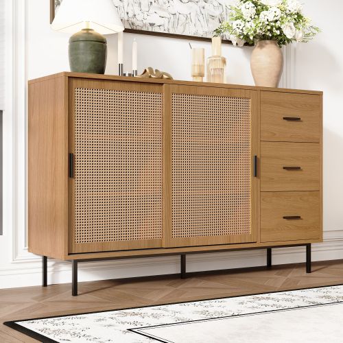 Buffet De Cuisine, Buffet Natural Avec 2 Portes Mobiles En Rotin, 3 Tiroirs