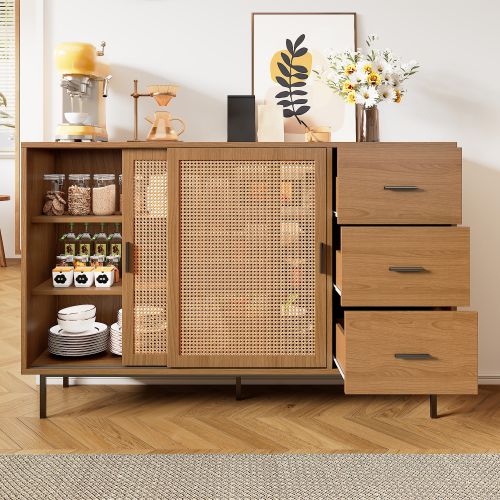 Buffet De Cuisine, Buffet Natural Avec 2 Portes Mobiles En Rotin, 3 Tiroirs