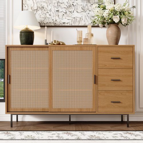 Buffet De Cuisine, Buffet Natural Avec 2 Portes Mobiles En Rotin, 3 Tiroirs