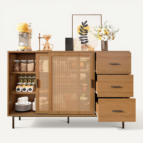 Buffet De Cuisine, Buffet Natural Avec 2 Portes Mobiles En Rotin, 3 Tiroirs
