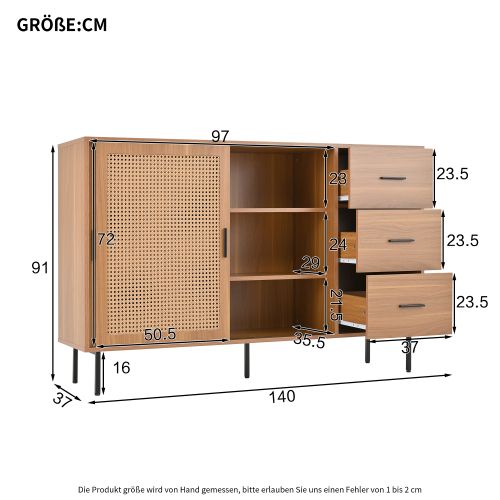 Buffet De Cuisine, Buffet Natural Avec 2 Portes Mobiles En Rotin, 3 Tiroirs