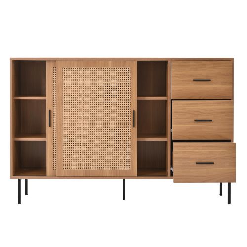 Buffet De Cuisine, Buffet Natural Avec 2 Portes Mobiles En Rotin, 3 Tiroirs