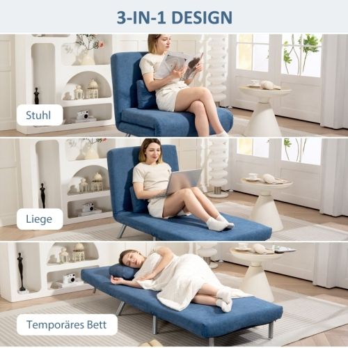 Fauteuil Convertible 2 En 1, Dossier Réglable, Avec Coussin, Tissu Et Métal, Bleu