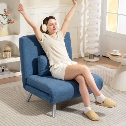 Fauteuil Convertible 2 En 1, Dossier Réglable, Avec Coussin, Tissu Et Métal, Bleu