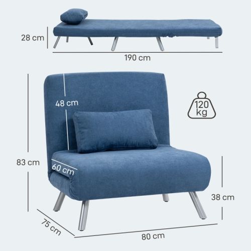 Fauteuil Convertible 2 En 1, Dossier Réglable, Avec Coussin, Tissu Et Métal, Bleu