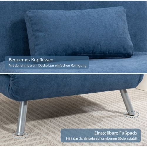 Fauteuil Convertible 2 En 1, Dossier Réglable, Avec Coussin, Tissu Et Métal, Bleu