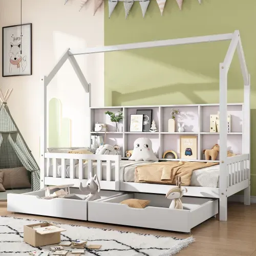 Lit Cabane Enfant 90x200 Cm, Avec 2 Tiroirs Et Étagère, Forme Maison, En Bois, Blanc
