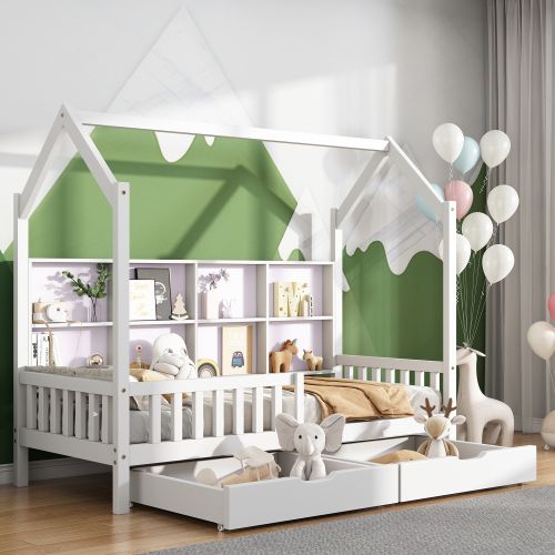 Lit Cabane Enfant 90x200 Cm, Avec 2 Tiroirs Et Étagère, Forme Maison, En Bois, Blanc