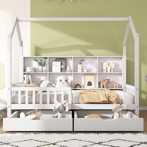 Lit Cabane Enfant 90x200 Cm, Avec 2 Tiroirs Et Étagère, Forme Maison, En Bois, Blanc