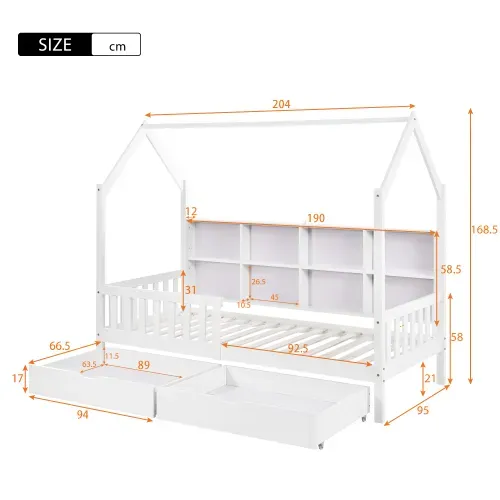 Lit Cabane Enfant 90x200 Cm, Avec 2 Tiroirs Et Étagère, Forme Maison, En Bois, Blanc