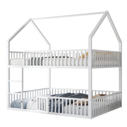 Lit Superposé 140x200 Cm, Lit Cabane Enfant Avec Porte Ludique, Avec Lattes, En Métal, Blanc
