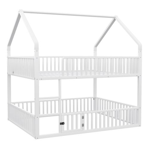 Lit Superposé 140x200 Cm, Lit Cabane Enfant Avec Porte Ludique, Avec Lattes, En Métal, Blanc