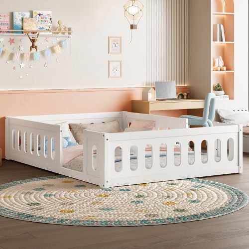 Lit Enfant Au Sol 140x200 Cm, Garde-corps Partiel, Plateforme Basse, En Bois, Sans Lattes, Blanc