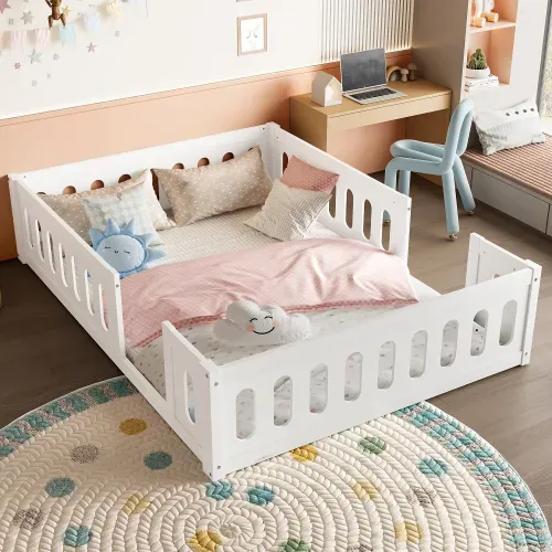 Lit Enfant Au Sol 140x200 Cm, Garde-corps Partiel, Plateforme Basse, En Bois, Sans Lattes, Blanc