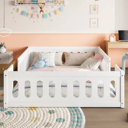 Lit Enfant Au Sol 140x200 Cm, Garde-corps Partiel, Plateforme Basse, En Bois, Sans Lattes, Blanc