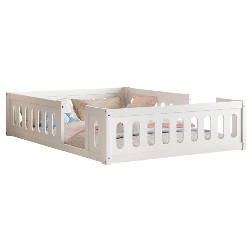 Lit Enfant Au Sol 140x200 Cm, Garde-corps Partiel, Plateforme Basse, En Bois, Sans Lattes, Blanc