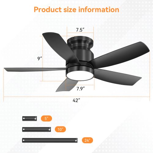 Ventilateur De Plafond LED 42'' Noir Avec Télécommande, Moteur Dc Réversible
