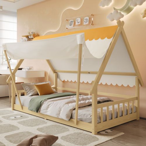 Lit Cabane 90x190 Cm, Lit Enfant, Tente Amovible, Avec Lattes, En Bois, Blanc Et Naturel