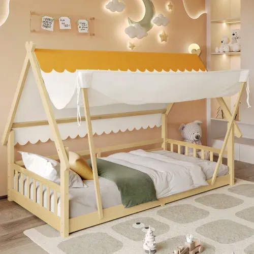 Lit Cabane 90x190 Cm, Lit Enfant, Tente Amovible, Avec Lattes, En Bois, Blanc Et Naturel