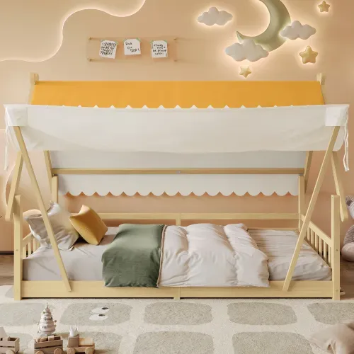 Lit Cabane 90x190 Cm, Lit Enfant, Tente Amovible, Avec Lattes, En Bois, Blanc Et Naturel