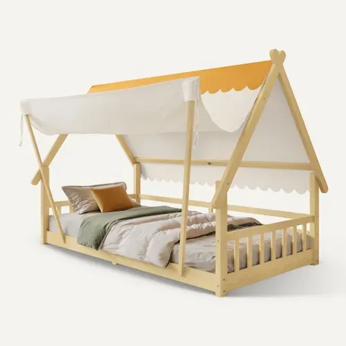Lit Cabane 90x190 Cm, Lit Enfant, Tente Amovible, Avec Lattes, En Bois, Blanc Et Naturel