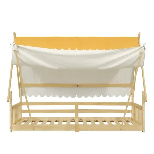 Lit Cabane 90x190 Cm, Lit Enfant, Tente Amovible, Avec Lattes, En Bois, Blanc Et Naturel