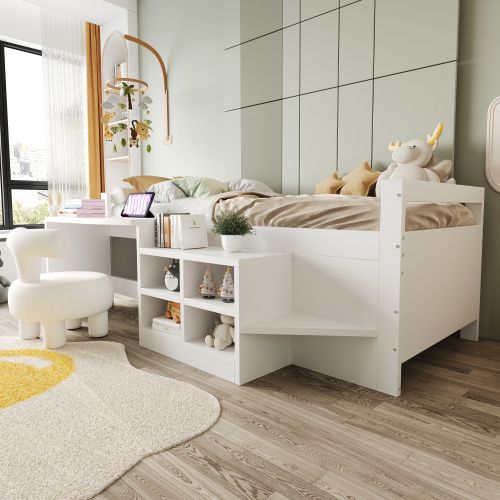 Lit Enfant 90x200 Cm, Avec Bureau Et Rangements, En Bois, Blanc