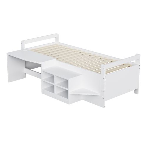 Lit Enfant 90x200 Cm, Avec Bureau Et Rangements, En Bois, Blanc