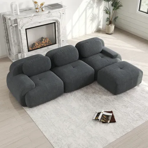 Canapé D'angle Modulaire En Velours Côtelé Gris Sans Montage, Accoudoirs Larges