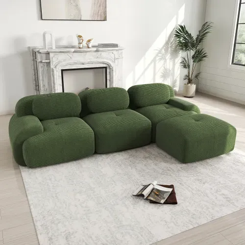 Canapé D'angle Modulable Vert En Velours Côtelé 32d Sans Montage