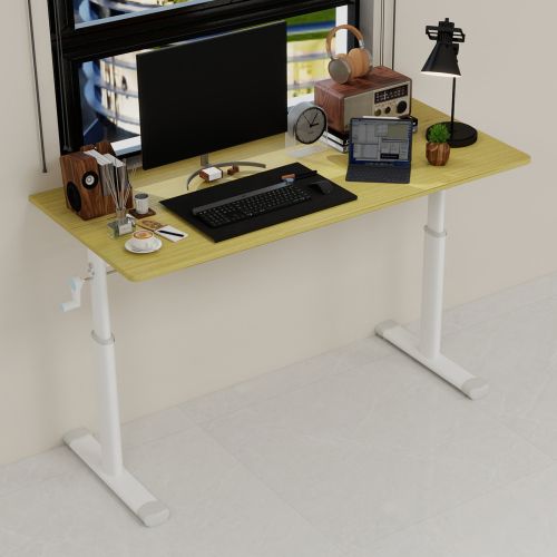 Bureau Réglable En Hauteur à Manivelle, Structure Double Colonne, Finition Bois