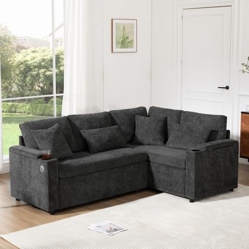 Canapé D'angle Convertible 4 Places En Chenille Avec Rangement, Porte-gobelet Et Prise USB