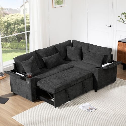 Canapé D'angle Convertible 4 Places En Chenille Avec Rangement, Porte-gobelet Et Prise USB