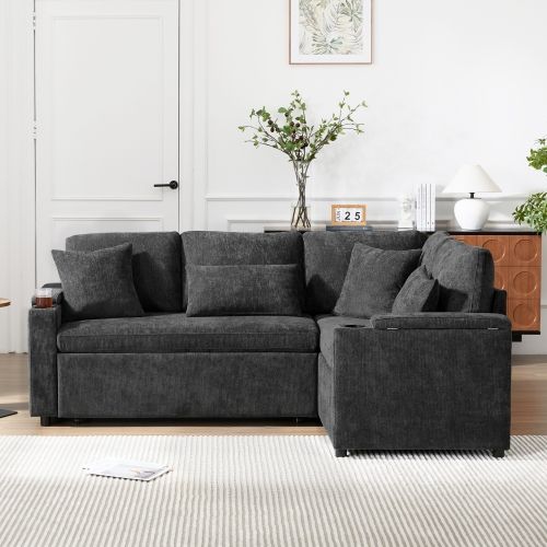 Canapé D'angle Convertible 4 Places En Chenille Avec Rangement, Porte-gobelet Et Prise USB